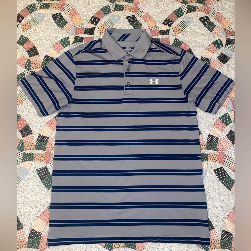 Under Armour Polo Mens Loose HeatGear Golf Shirt, Grey/Navy/Stripe, Medium